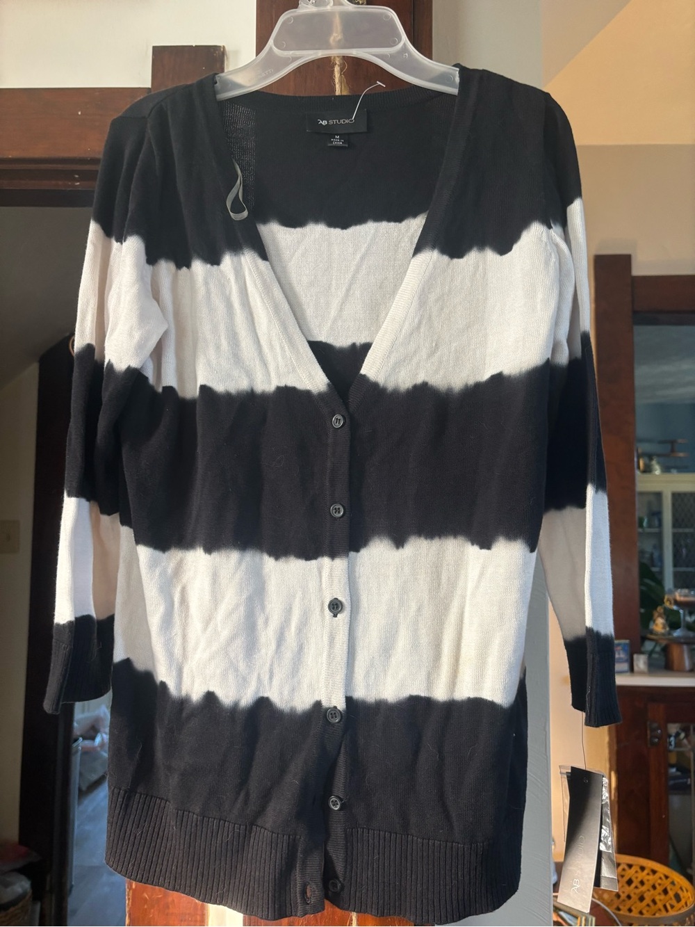 AB Studio Black and White Striped Button-Front V-Neck Cardigan